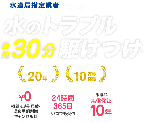 水のトラブル最短30分駆けつけ